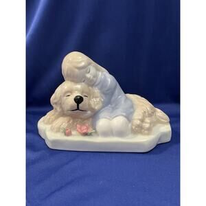 Kalique Porcelain Figurine Girl Resting or Hugging Big Dog